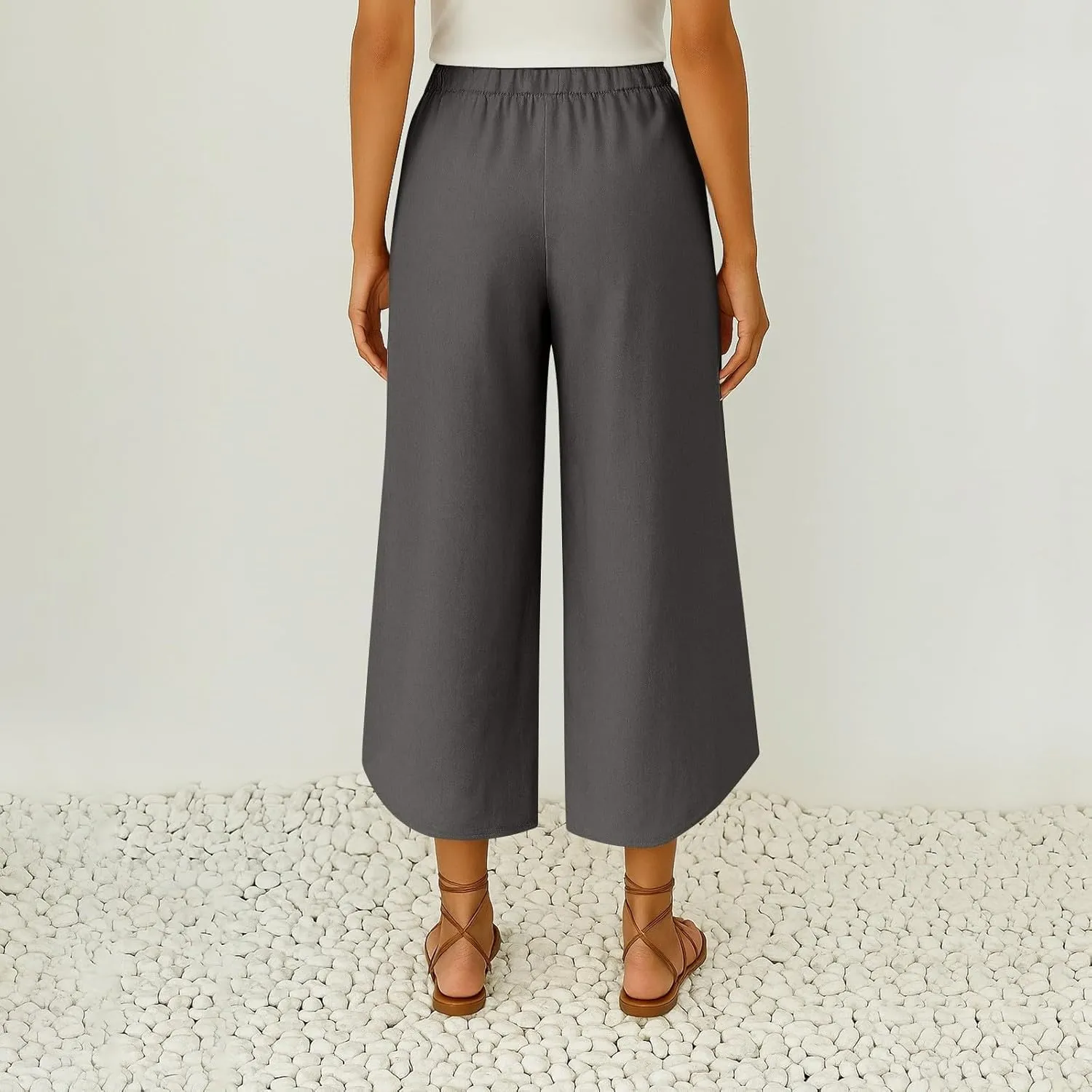 Cropped Linen Pants Women Cute Summer Comfy Loose Drawstring Elastic High Waisted Wide Leg Lounge Pants with Pockets