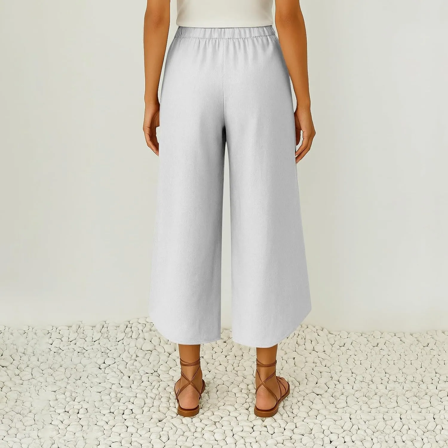 Cropped Linen Pants Women Cute Summer Comfy Loose Drawstring Elastic High Waisted Wide Leg Lounge Pants with Pockets