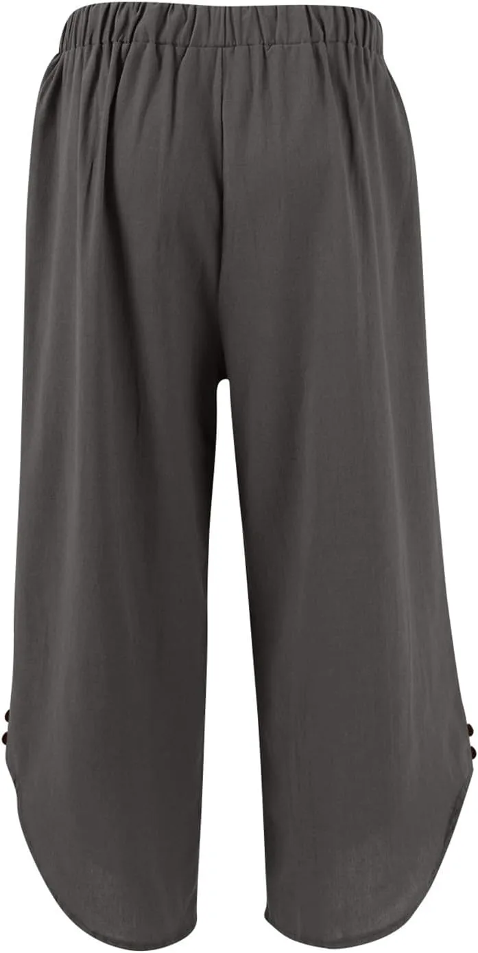 Cropped Linen Pants Women Cute Summer Comfy Loose Drawstring Elastic High Waisted Wide Leg Lounge Pants with Pockets