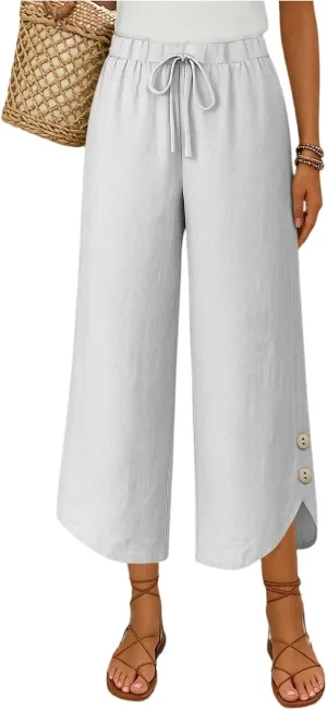 Cropped Linen Pants Women Cute Summer Comfy Loose Drawstring Elastic High Waisted Wide Leg Lounge Pants with Pockets