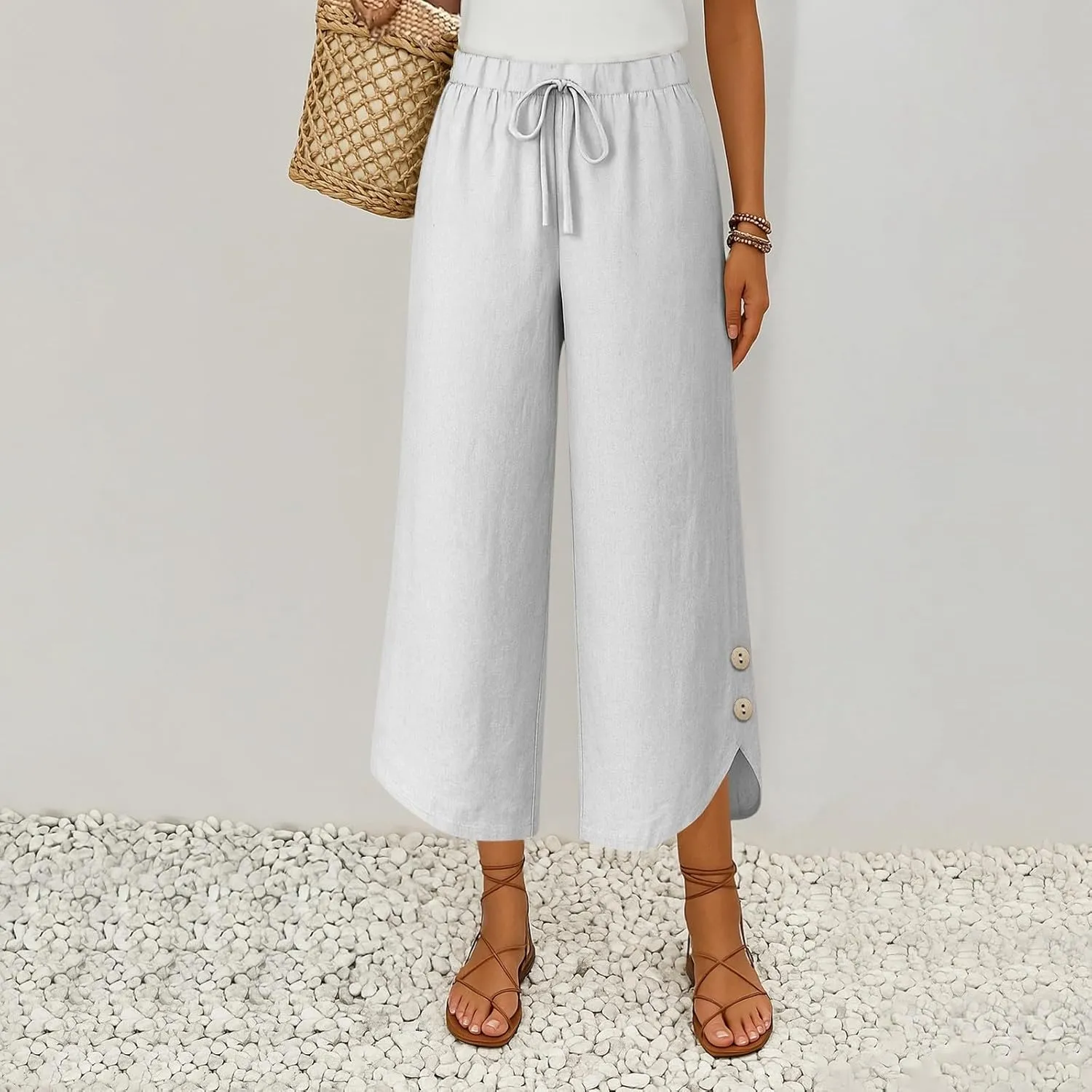 Cropped Linen Pants Women Cute Summer Comfy Loose Drawstring Elastic High Waisted Wide Leg Lounge Pants with Pockets