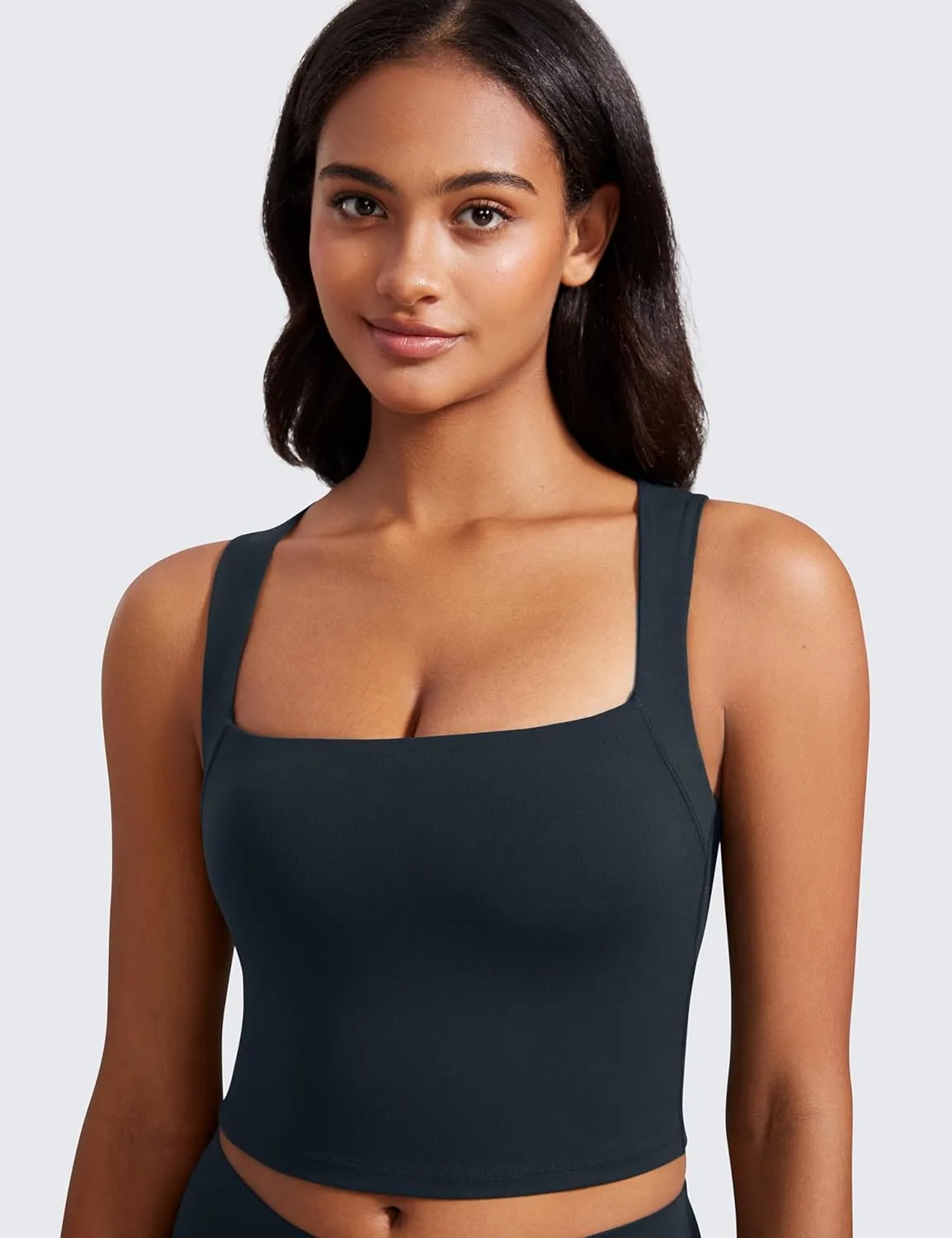 CRZ YOGA Butterluxe Womens Longline Square Neck Sports Bras - Basic Crop Tank Yoga Workout Tops with Built in Pads