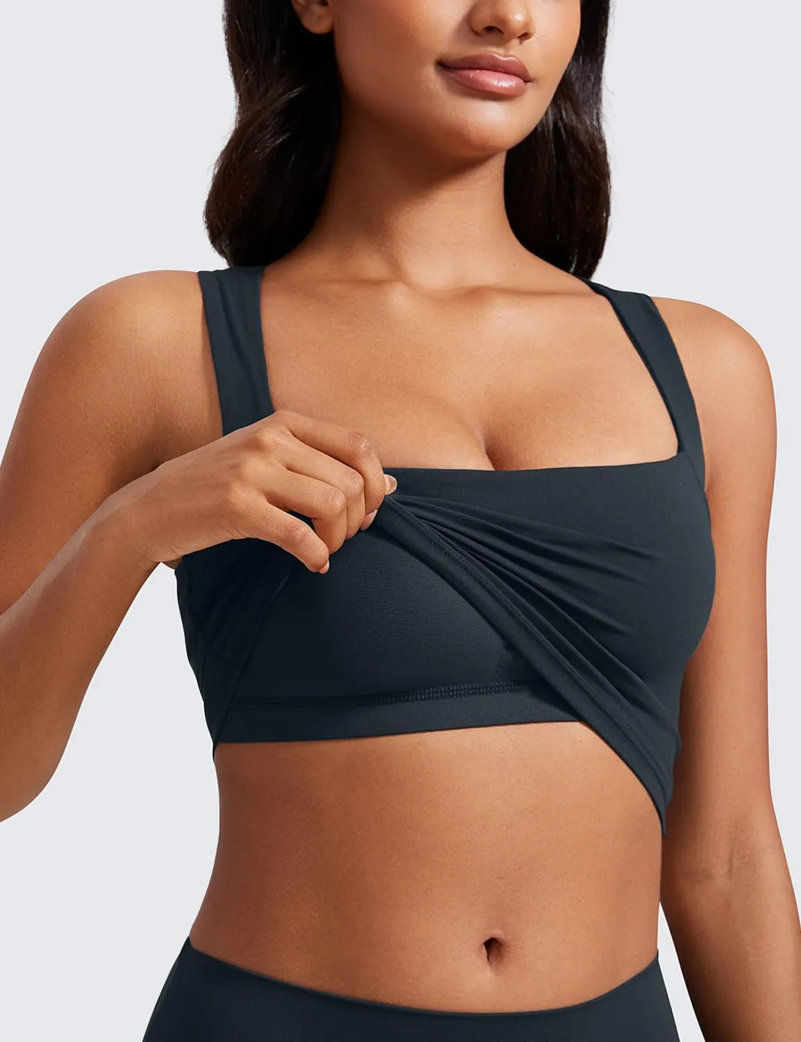 CRZ YOGA Butterluxe Womens Longline Square Neck Sports Bras - Basic Crop Tank Yoga Workout Tops with Built in Pads