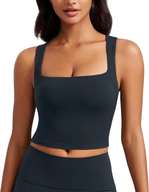 CRZ YOGA Butterluxe Womens Longline Square Neck Sports Bras - Basic Crop Tank Yoga Workout Tops with Built in Pads