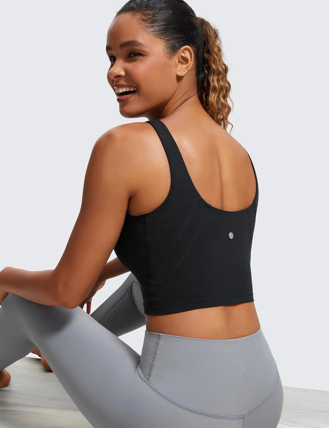 CRZ YOGA Butterluxe Womens V Neck Longline Sports Bra - U Back Padded Crop Workout Tank Tops with Built in Pads