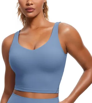 CRZ YOGA Butterluxe Womens V Neck Longline Sports Bra - U Back Padded Crop Workout Tank Tops with Built in Pads