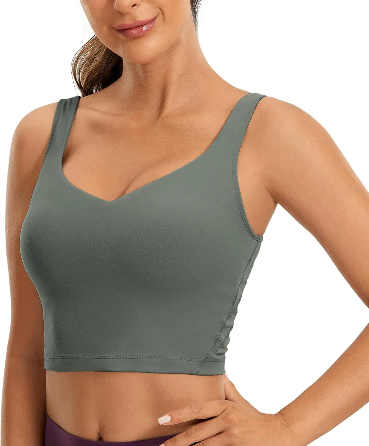 CRZ YOGA Butterluxe Womens V Neck Longline Sports Bra - U Back Padded Crop Workout Tank Tops with Built in Pads