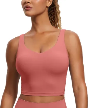 CRZ YOGA Butterluxe Womens V Neck Longline Sports Bra - U Back Padded Crop Workout Tank Tops with Built in Pads