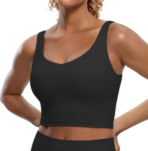 CRZ YOGA Butterluxe Womens V Neck Longline Sports Bra - U Back Padded Crop Workout Tank Tops with Built in Pads