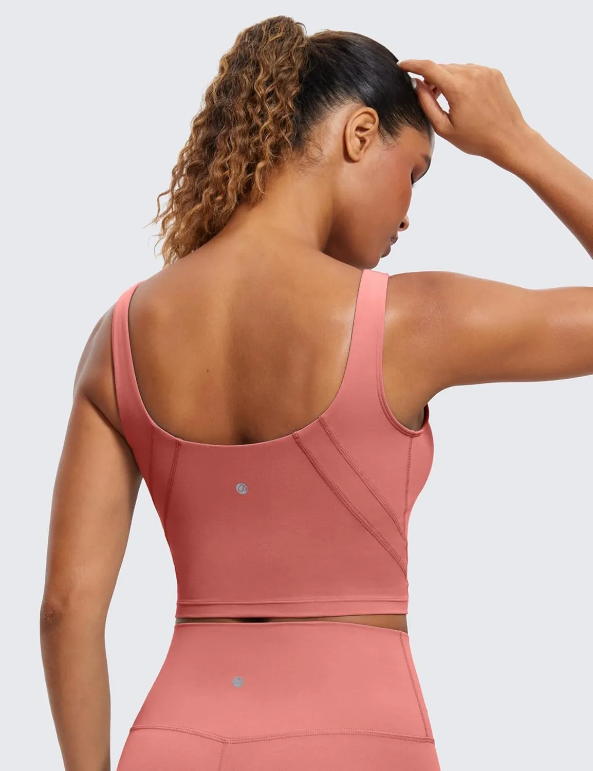 CRZ YOGA Butterluxe Womens V Neck Longline Sports Bra - U Back Padded Crop Workout Tank Tops with Built in Pads