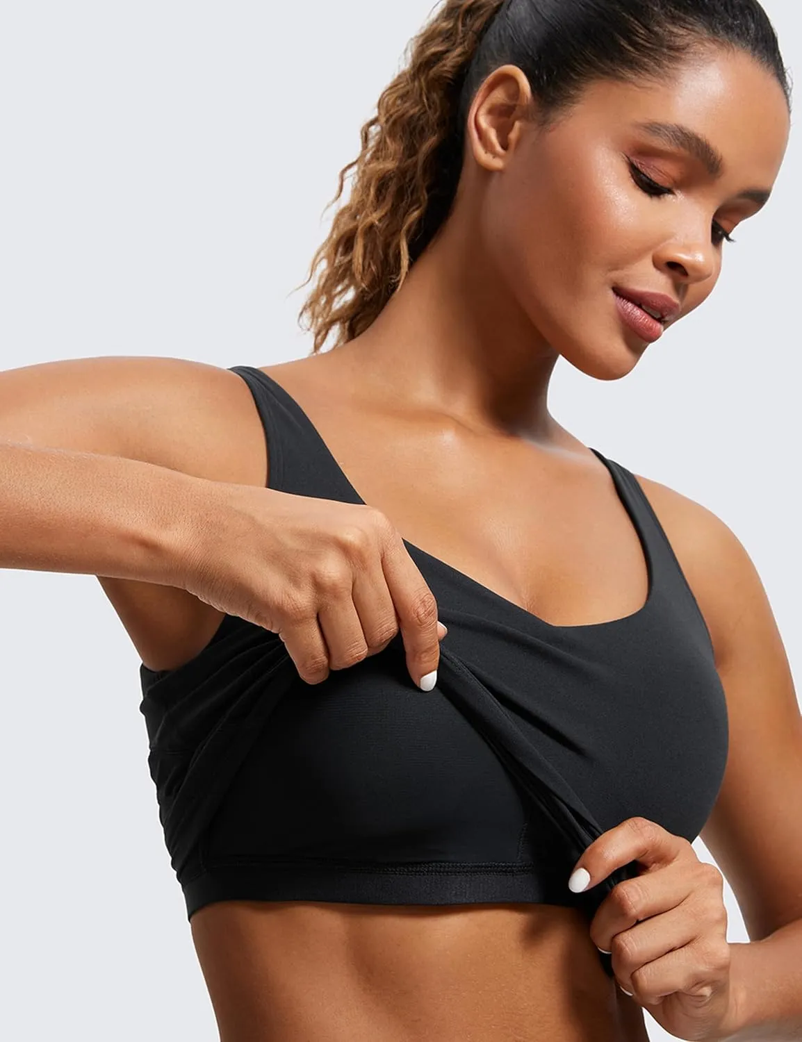 CRZ YOGA Butterluxe Womens V Neck Longline Sports Bra - U Back Padded Crop Workout Tank Tops with Built in Pads
