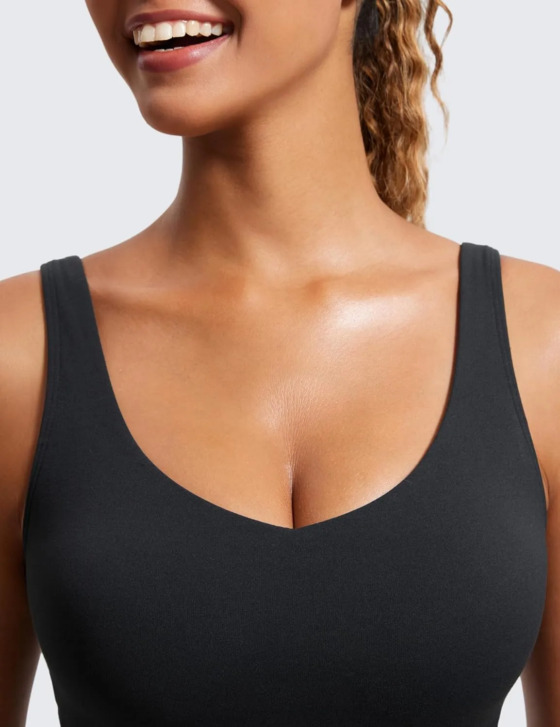 CRZ YOGA Butterluxe Womens V Neck Longline Sports Bra - U Back Padded Crop Workout Tank Tops with Built in Pads
