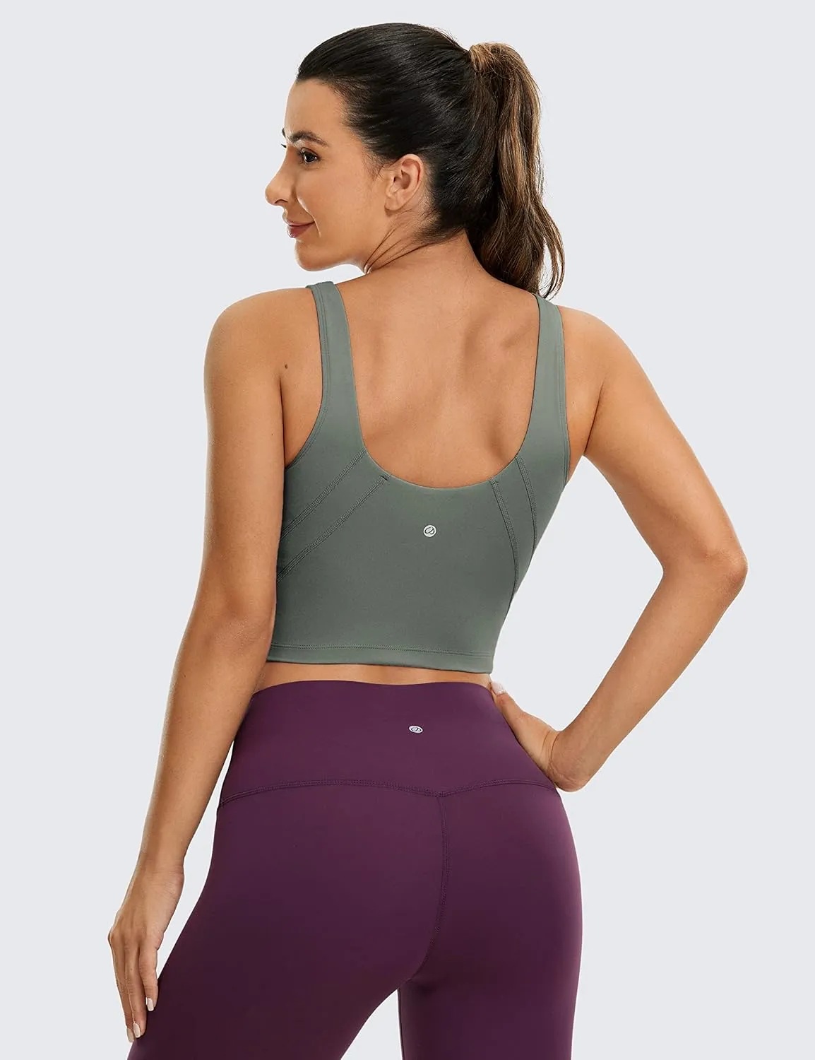 CRZ YOGA Butterluxe Womens V Neck Longline Sports Bra - U Back Padded Crop Workout Tank Tops with Built in Pads