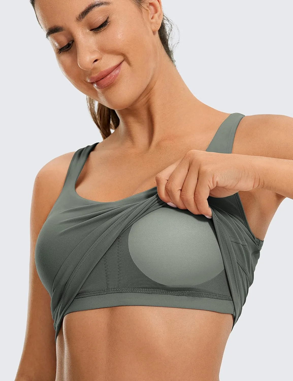 CRZ YOGA Butterluxe Womens V Neck Longline Sports Bra - U Back Padded Crop Workout Tank Tops with Built in Pads