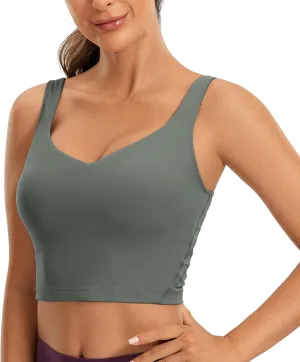 CRZ YOGA Butterluxe Womens V Neck Longline Sports Bra - U Back Padded Crop Workout Tank Tops with Built in Pads