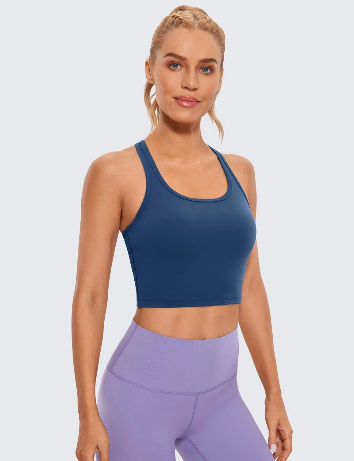 CRZ YOGA Butterluxe Womens Y-Back Racerback Longline Sports Bra - Padded Scoop Neck Workout Crop Tank Top with Built in Pads