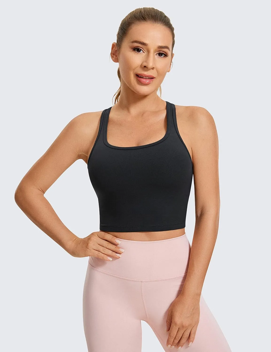 CRZ YOGA Butterluxe Womens Y-Back Racerback Longline Sports Bra - Padded Scoop Neck Workout Crop Tank Top with Built in Pads