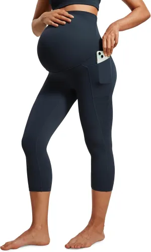 CRZ YOGA Womens Butterluxe Maternity Capris Leggings with Pockets 21" - Workout Active Yoga Soft Over The Belly Crop Pants