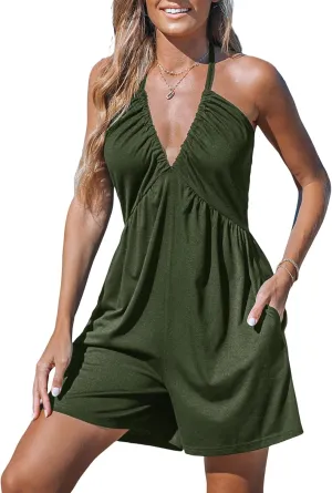 CUPSHE Women's Rompers V Neck Halterneck Jumpsuits Sleeveless Backless Overall Wide Leg Outfit Casual Beach