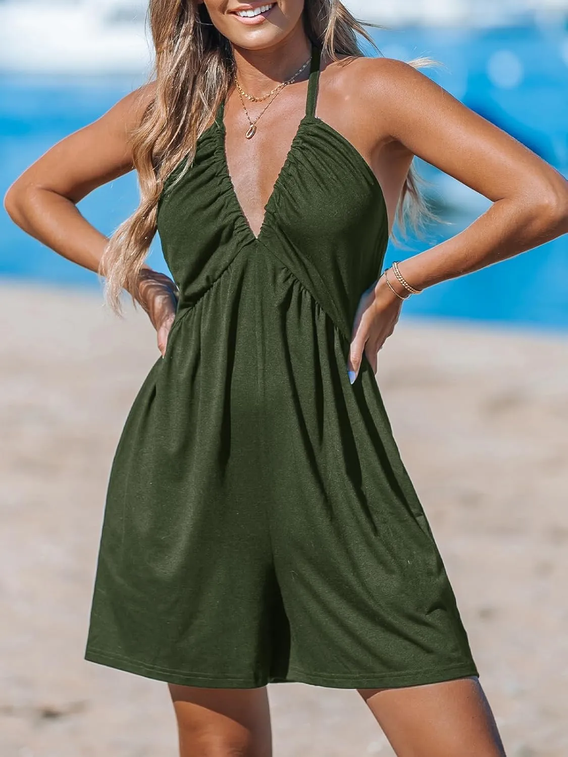 CUPSHE Women's Rompers V Neck Halterneck Jumpsuits Sleeveless Backless Overall Wide Leg Outfit Casual Beach