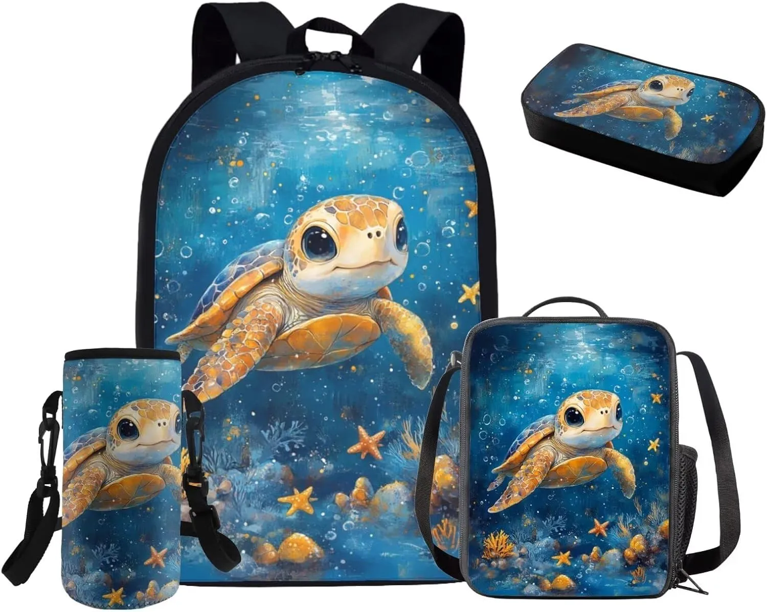 Cute Sea Turtle Backpack Kids Large Kids School Bag Boys Set of 4 Versatile Lunch Bag with Shoulder Strap Minimalist Pencil Case for School Supplies Storage