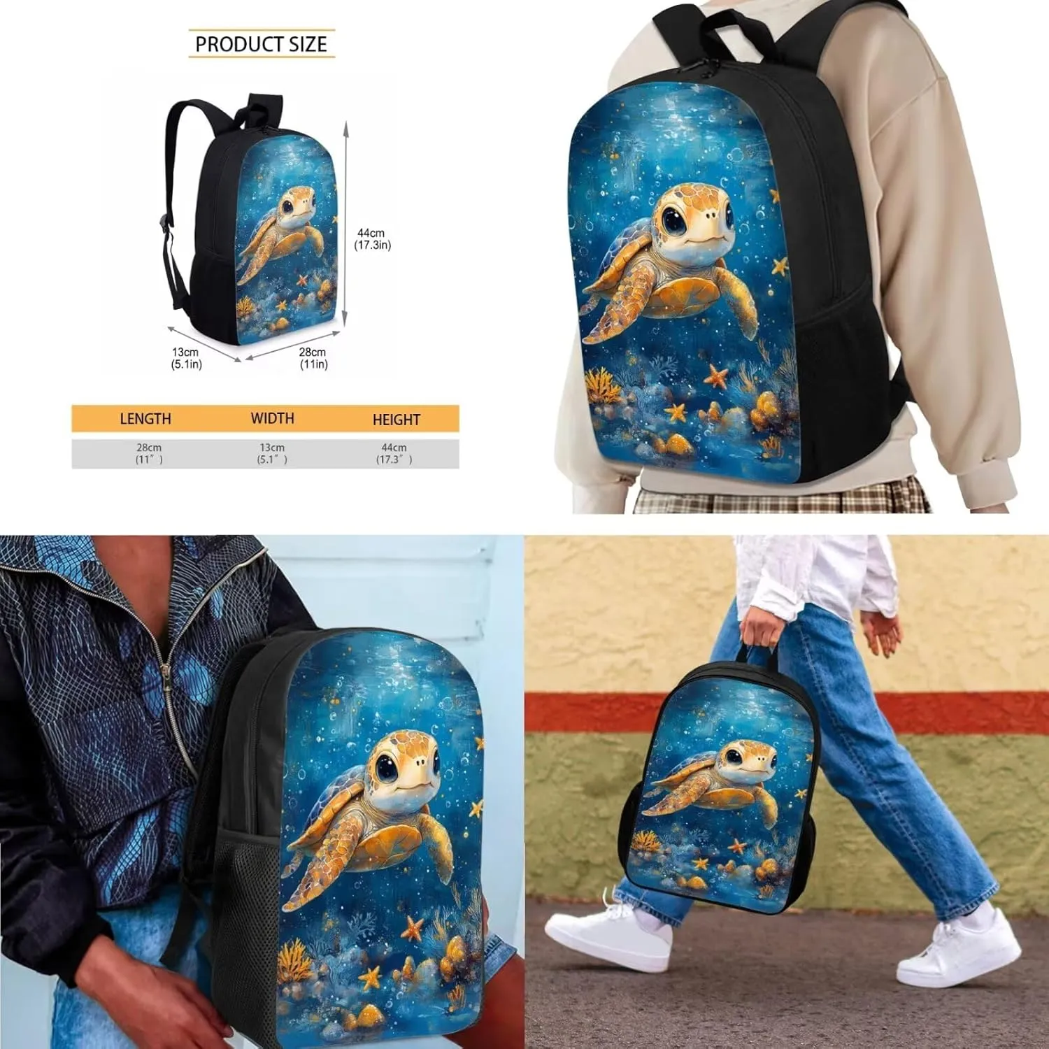 Cute Sea Turtle Backpack Kids Large Kids School Bag Boys Set of 4 Versatile Lunch Bag with Shoulder Strap Minimalist Pencil Case for School Supplies Storage
