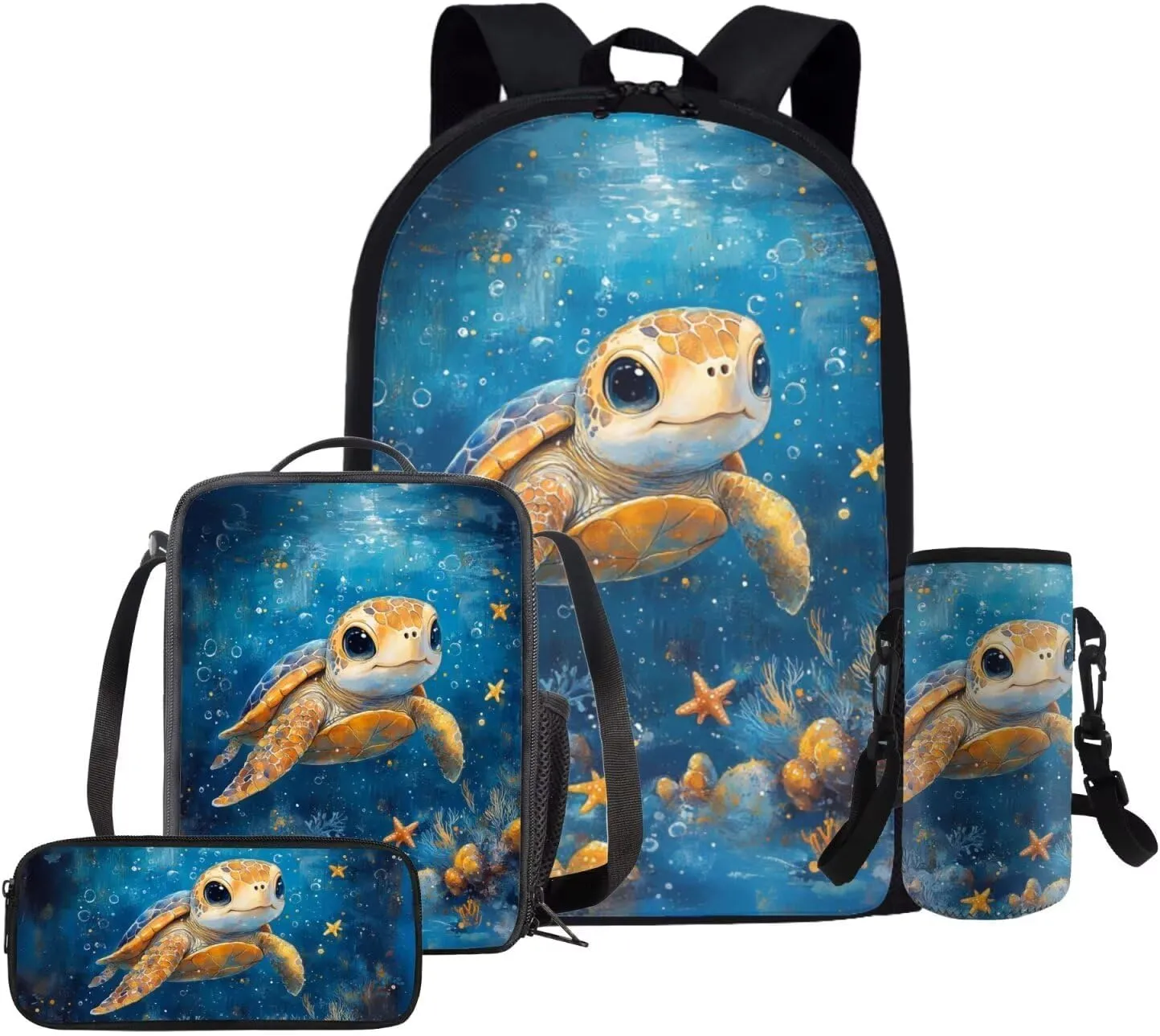 Cute Sea Turtle Backpack Kids Large Kids School Bag Boys Set of 4 Versatile Lunch Bag with Shoulder Strap Minimalist Pencil Case for School Supplies Storage