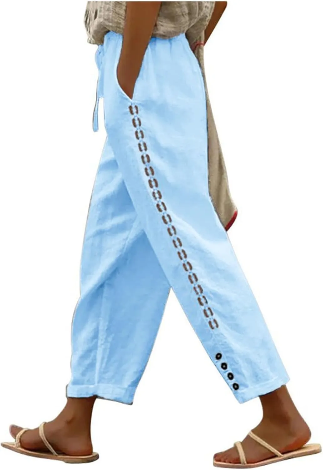 DASAYO Cotton Linen Pants Women Trendy Drawstring Elastic Waist Comfy Casual Trousers Ladies Boho Beach Pants with Pockets