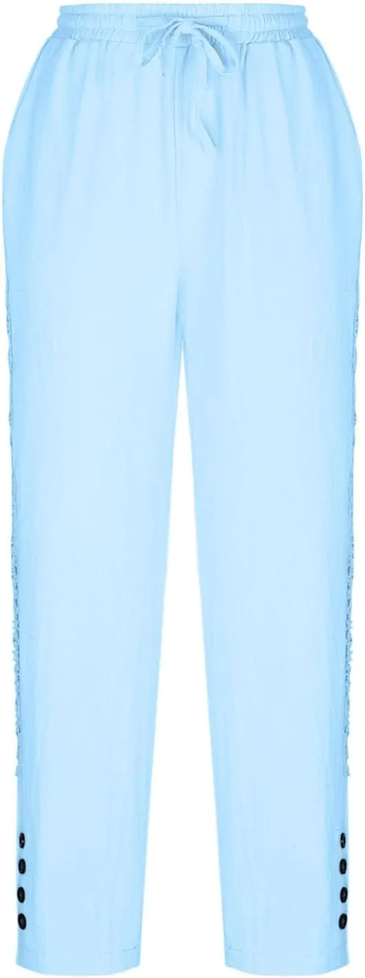 DASAYO Cotton Linen Pants Women Trendy Drawstring Elastic Waist Comfy Casual Trousers Ladies Boho Beach Pants with Pockets