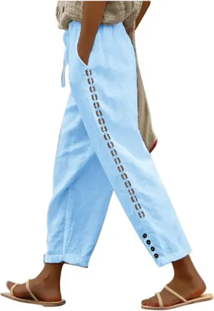 DASAYO Cotton Linen Pants Women Trendy Drawstring Elastic Waist Comfy Casual Trousers Ladies Boho Beach Pants with Pockets