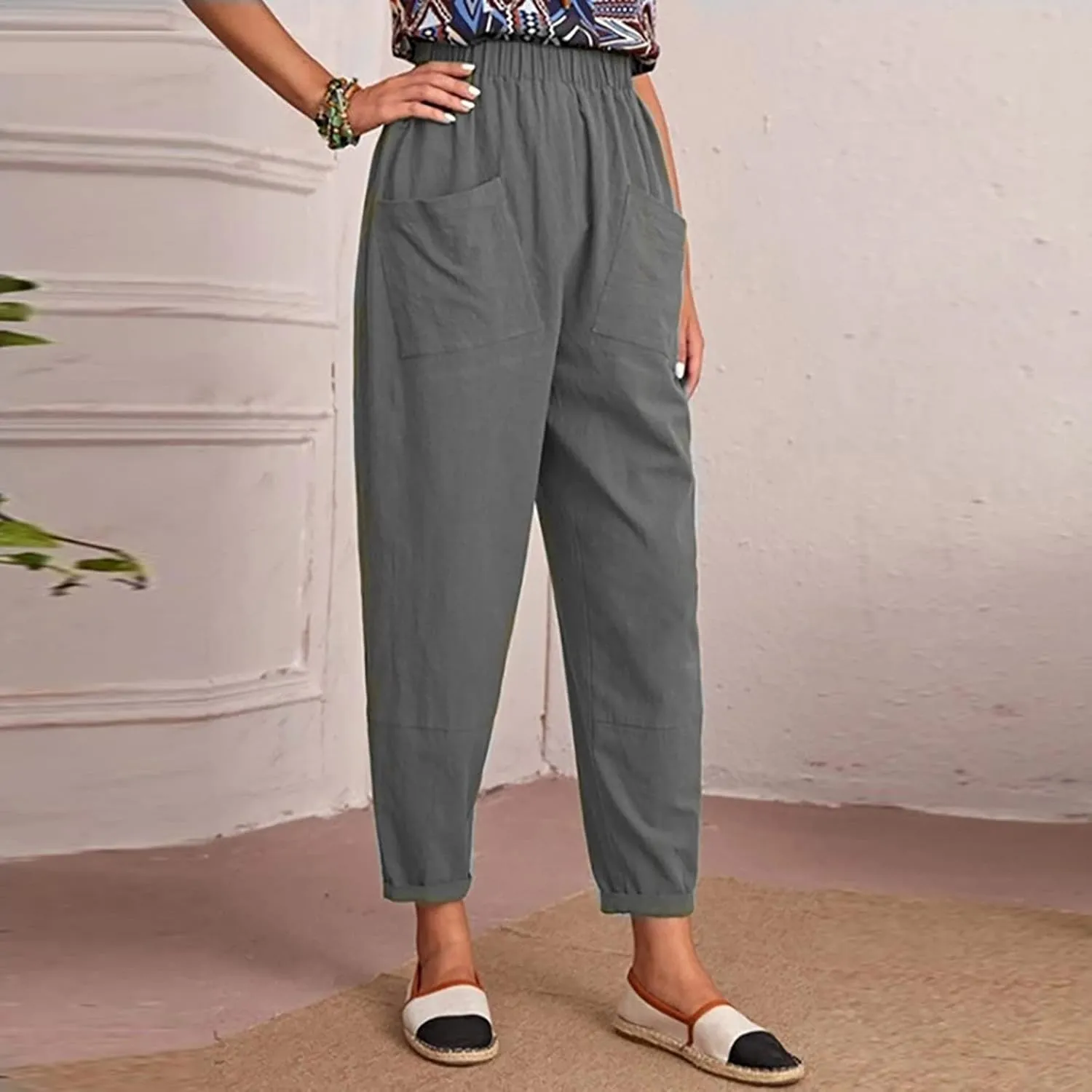 DASAYO Linen Pants for Women Trendy Elastic Wasit Casual Tapered Pants Lightweight Comfy Trousers with Pockets Summer Clothes