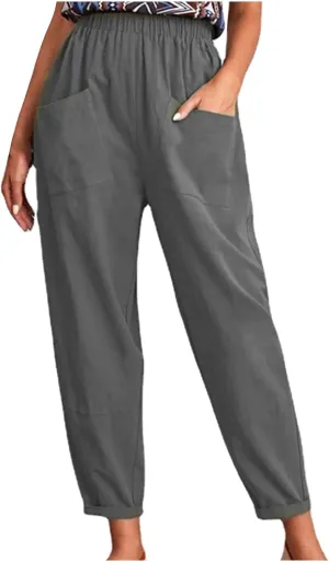 DASAYO Linen Pants for Women Trendy Elastic Wasit Casual Tapered Pants Lightweight Comfy Trousers with Pockets Summer Clothes