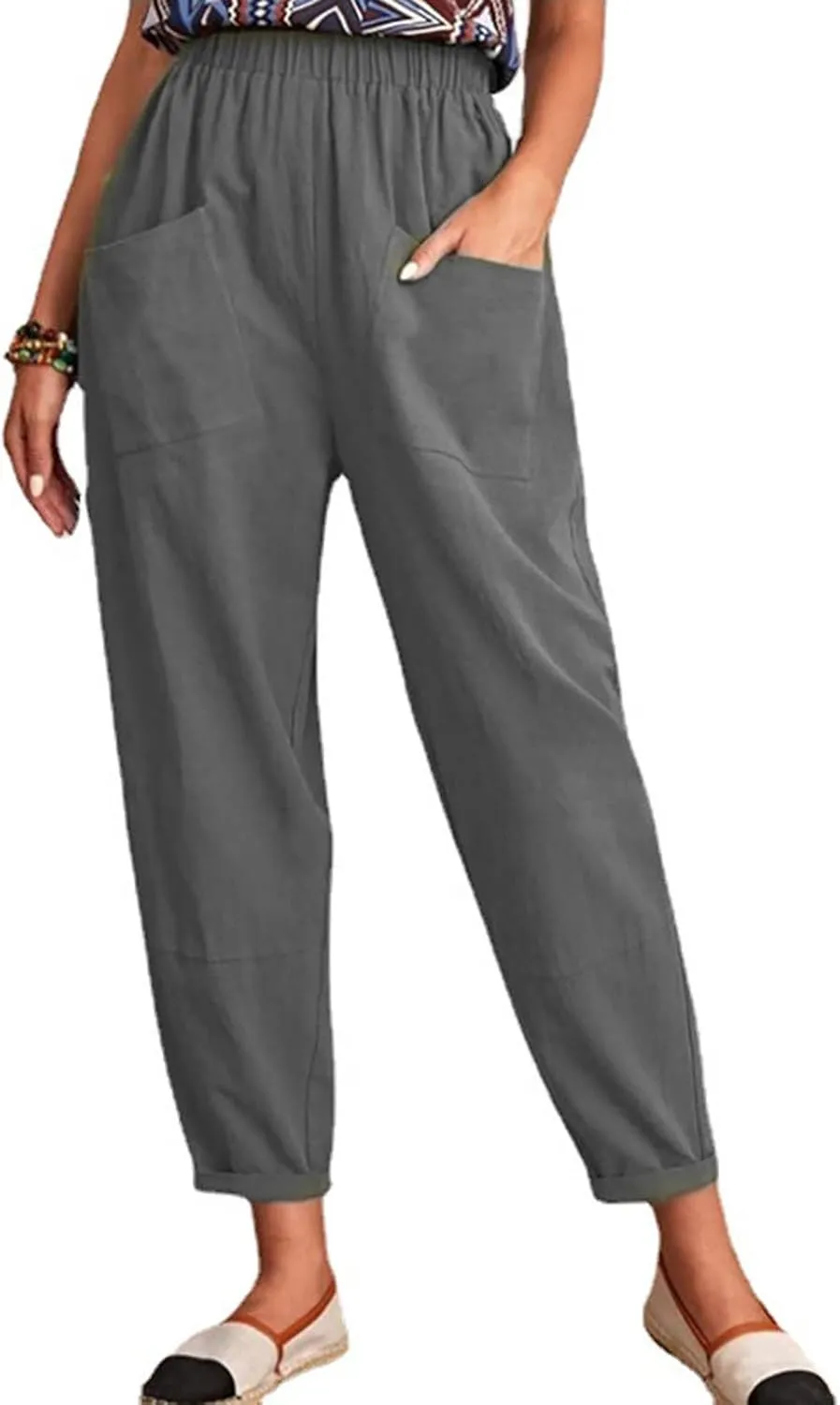 DASAYO Linen Pants for Women Trendy Elastic Wasit Casual Tapered Pants Lightweight Comfy Trousers with Pockets Summer Clothes