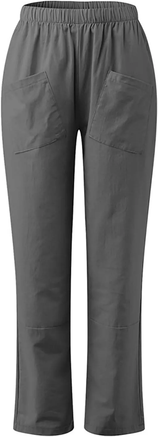 DASAYO Linen Pants for Women Trendy Elastic Wasit Casual Tapered Pants Lightweight Comfy Trousers with Pockets Summer Clothes