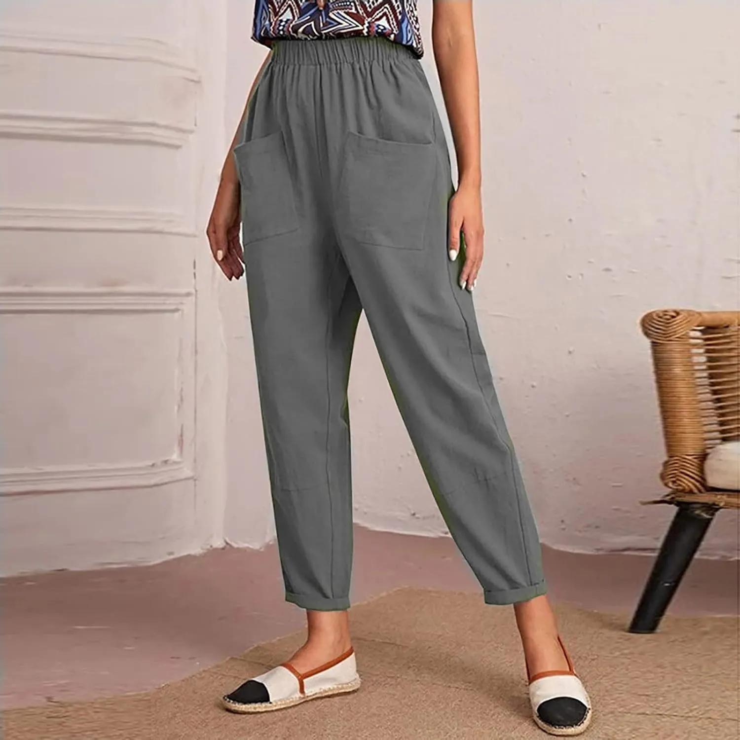 DASAYO Linen Pants for Women Trendy Elastic Wasit Casual Tapered Pants Lightweight Comfy Trousers with Pockets Summer Clothes