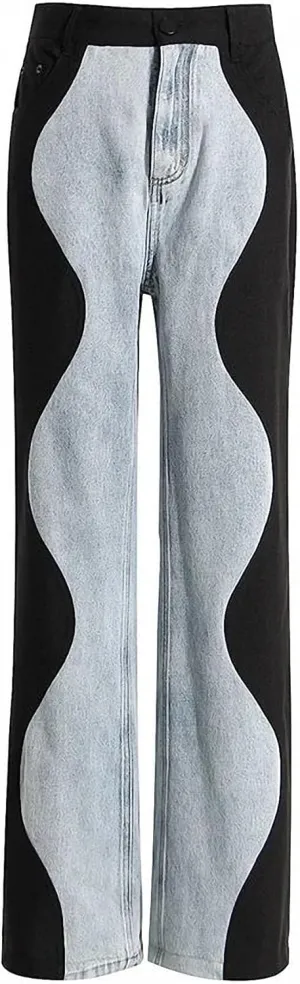 Dawery High Waist Blue Denim Long Color Block Wave Wide Leg Jeans Loose Women Trousers Spring Autumn