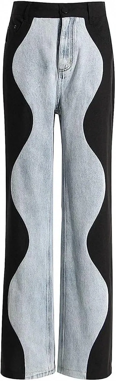Dawery High Waist Blue Denim Long Color Block Wave Wide Leg Jeans Loose Women Trousers Spring Autumn