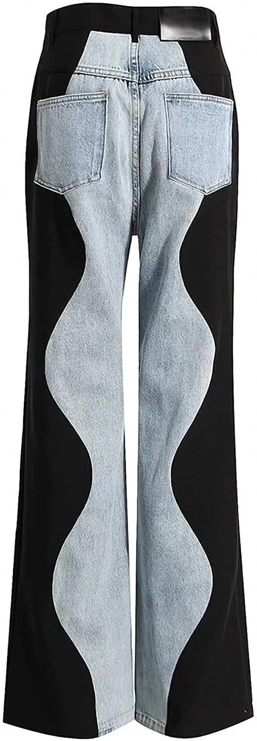 Dawery High Waist Blue Denim Long Color Block Wave Wide Leg Jeans Loose Women Trousers Spring Autumn