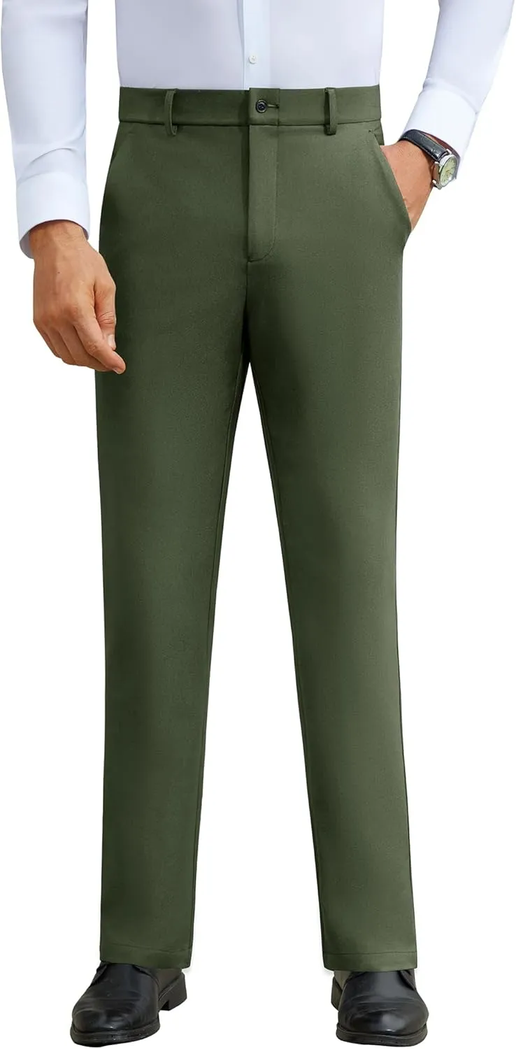DEMEANOR Stretch Mens Dress Pants Slim Fit Dress Pants for Men Expandable Waist Wrinkle Free Work Dress Pants Golf Pants