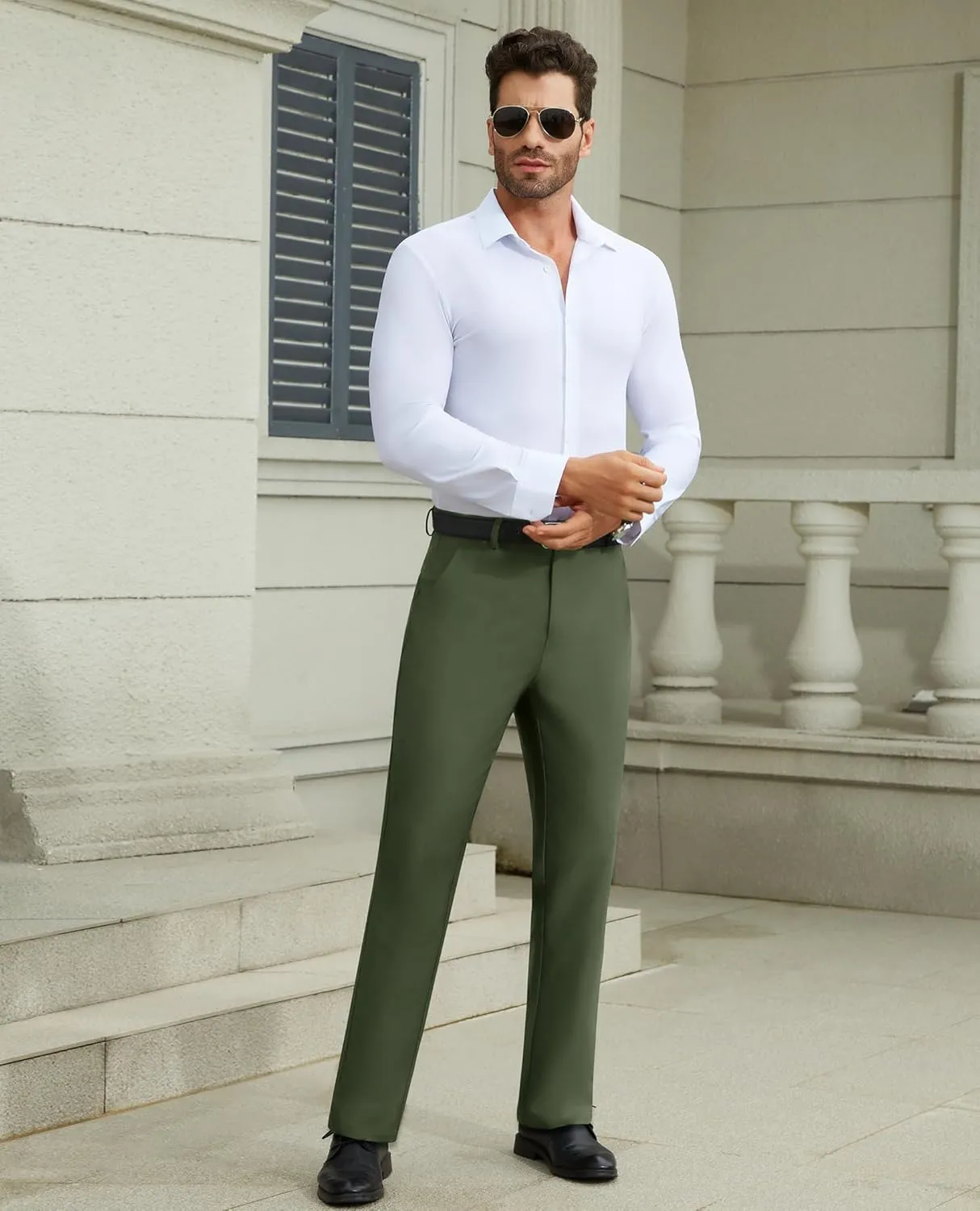 DEMEANOR Stretch Mens Dress Pants Slim Fit Dress Pants for Men Expandable Waist Wrinkle Free Work Dress Pants Golf Pants
