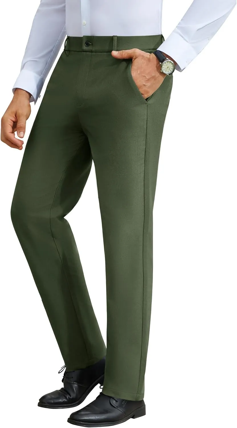 DEMEANOR Stretch Mens Dress Pants Slim Fit Dress Pants for Men Expandable Waist Wrinkle Free Work Dress Pants Golf Pants