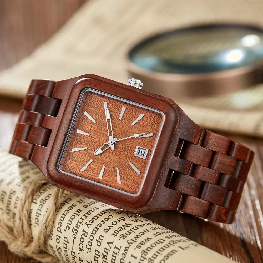 Dentily Men's Rectangle Wood Watch Quartz Movement Wooden Mens Watches Gift Watches for Men