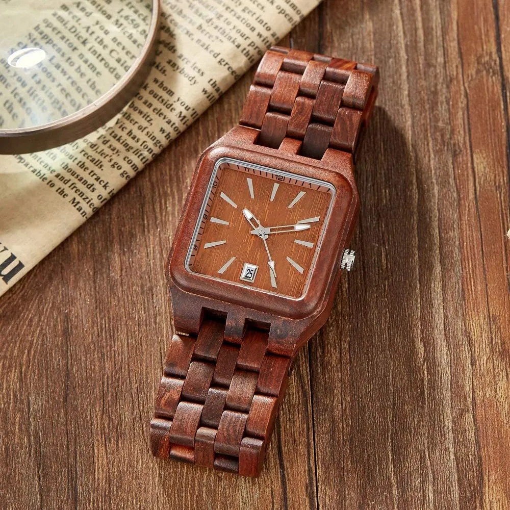 Dentily Men's Rectangle Wood Watch Quartz Movement Wooden Mens Watches Gift Watches for Men