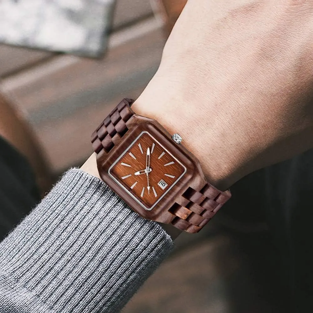 Dentily Men's Rectangle Wood Watch Quartz Movement Wooden Mens Watches Gift Watches for Men