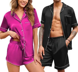 Ekouaer Silk Satin Matching Pajamas Sets Couple Button Down Nightwear Women & Men Short Sleeve Sleepwear 2 Pieces Loungewear