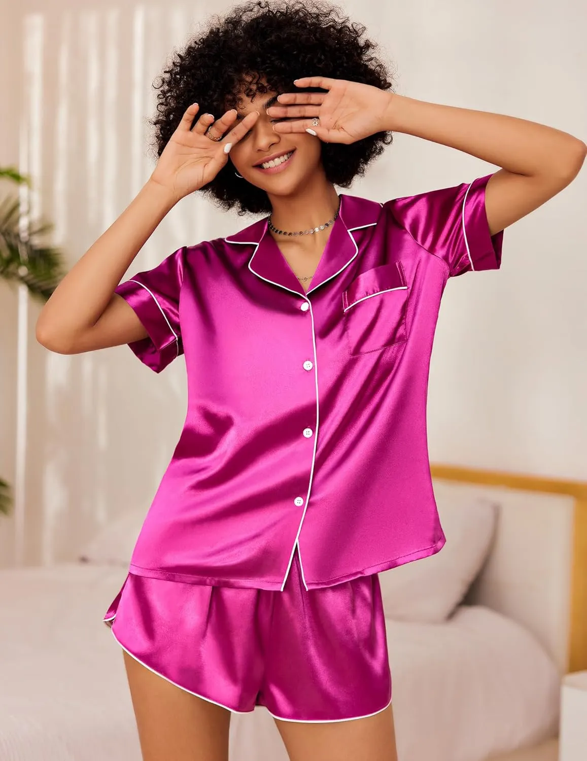 Ekouaer Silk Satin Matching Pajamas Sets Couple Button Down Nightwear Women & Men Short Sleeve Sleepwear 2 Pieces Loungewear