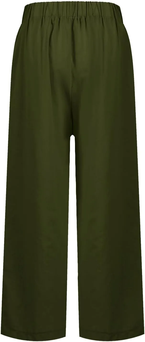 eoeioa Elastic Waisted Linen Pants Women Summer Comfy Flowy Palazzo Pants Boho Baggy Casual Pants Boho Beach Pants w/Pockets