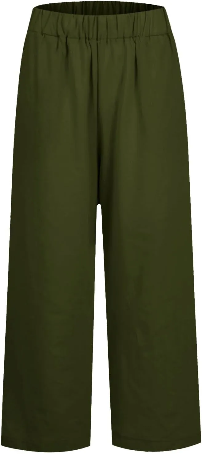 eoeioa Elastic Waisted Linen Pants Women Summer Comfy Flowy Palazzo Pants Boho Baggy Casual Pants Boho Beach Pants w/Pockets