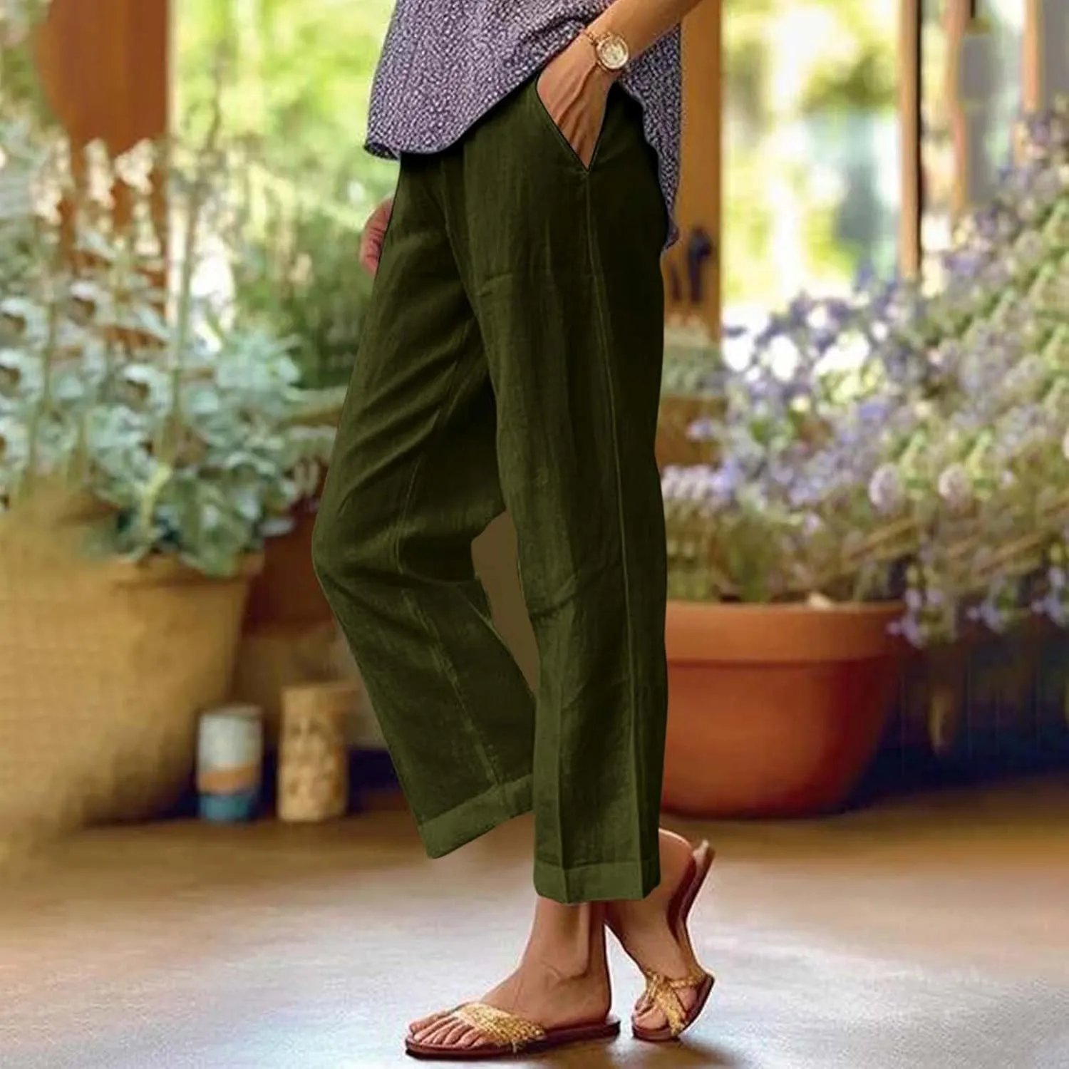 eoeioa Elastic Waisted Linen Pants Women Summer Comfy Flowy Palazzo Pants Boho Baggy Casual Pants Boho Beach Pants w/Pockets