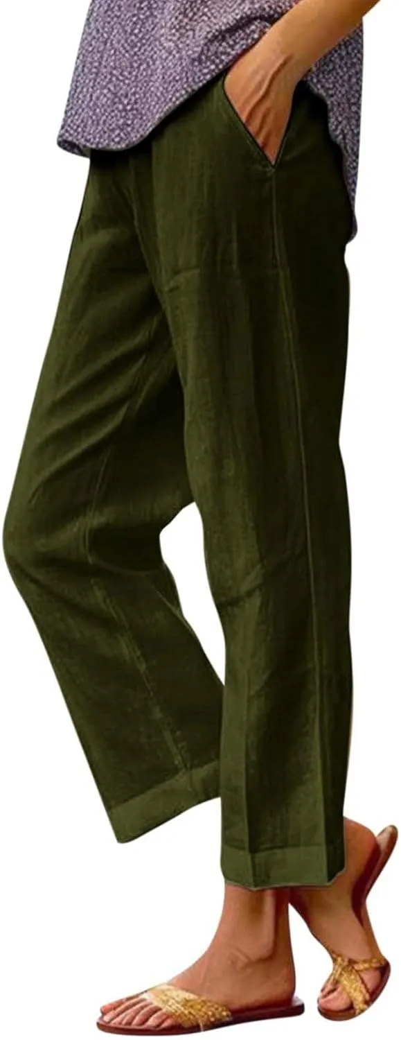 eoeioa Elastic Waisted Linen Pants Women Summer Comfy Flowy Palazzo Pants Boho Baggy Casual Pants Boho Beach Pants w/Pockets